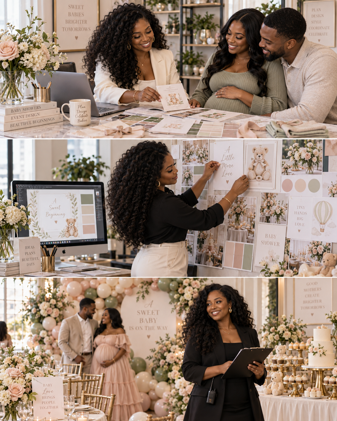 Three women planning a baby shower, decorating with flowers, teddy bears, and pastel balloons, with signs and decorations celebrating motherhood and the upcoming arrival of a baby.