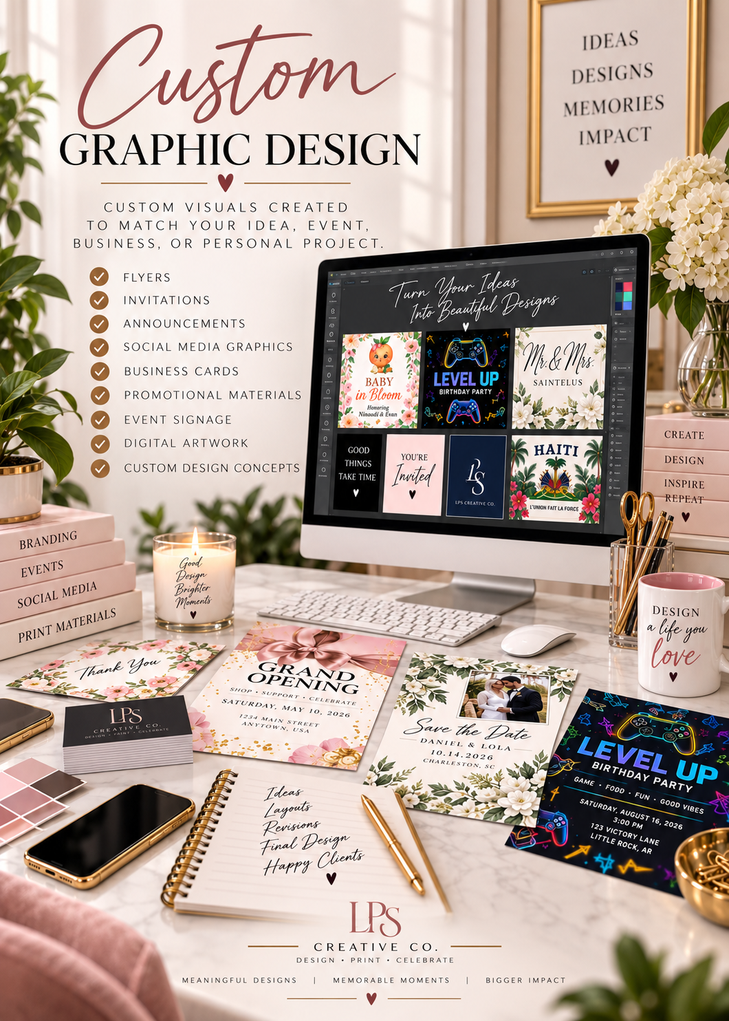 An advertisement for custom graphic design services, showing a computer screen with various design projects, a desk with promotional materials like invitations and cards, a candle, a notepad with handwritten notes, and decorative items including plants and a framed poster.