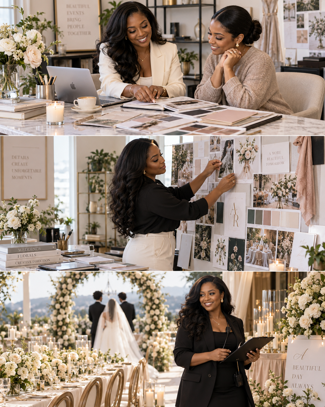 Three women planning and designing a wedding event, reviewing floral arrangements and wedding decor, with a wedding ceremony setup in the background.