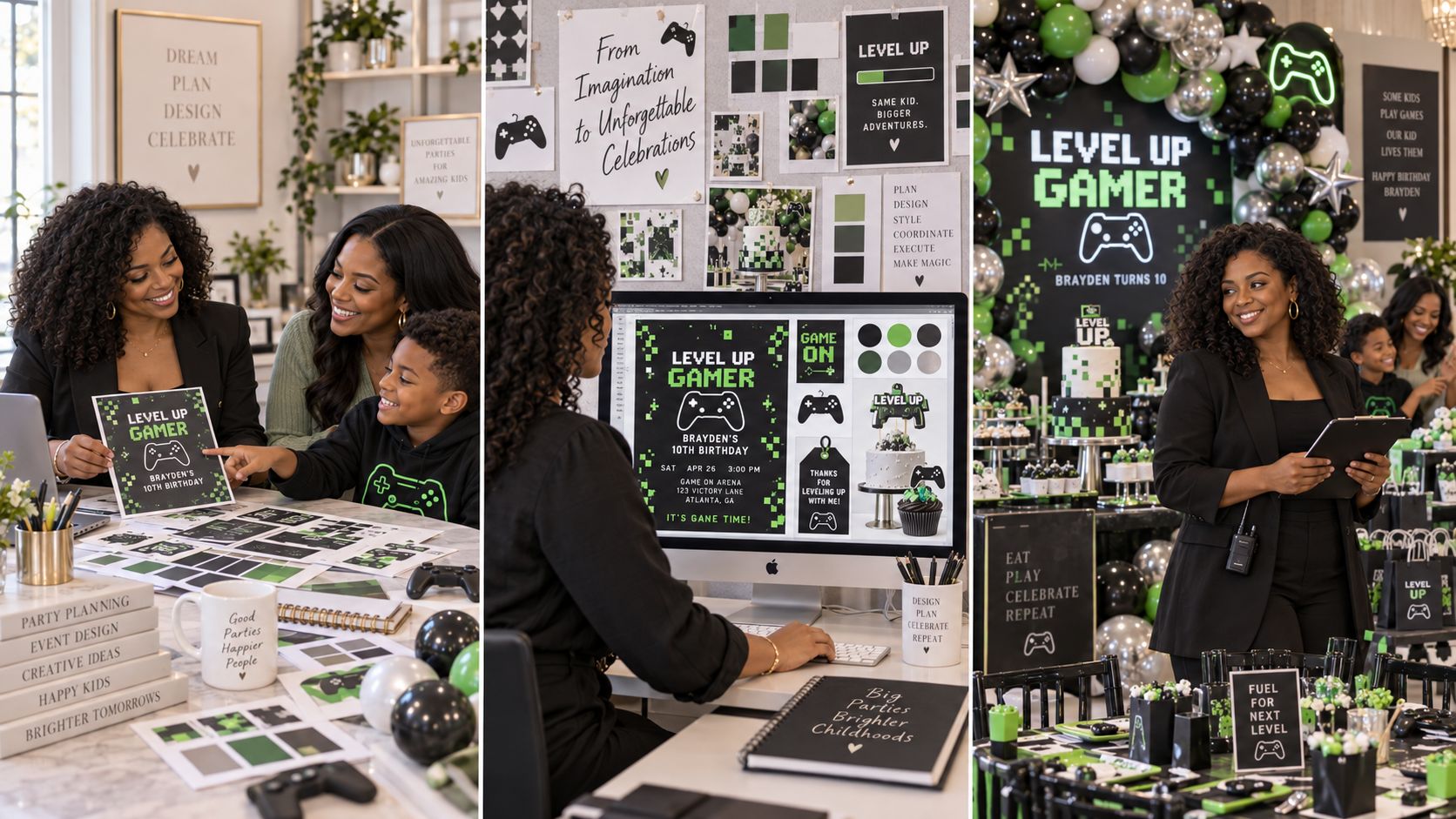 Decorated party space with a gaming theme for a child's 10th birthday, featuring posters with pixel art and game references, black and green balloons, gaming decorations, and a cake with a game controller design, as well as smiling children and adults celebrating.