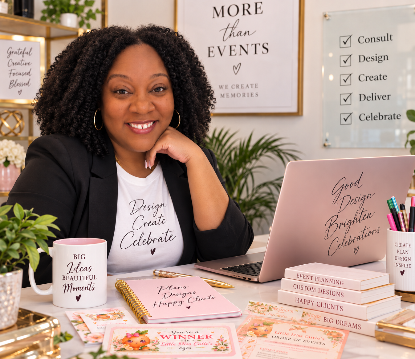 A smiling woman with curly hair sitting at a desk with a pink laptop, surrounded by planning materials and motivational decor, in an office or creative workspace.