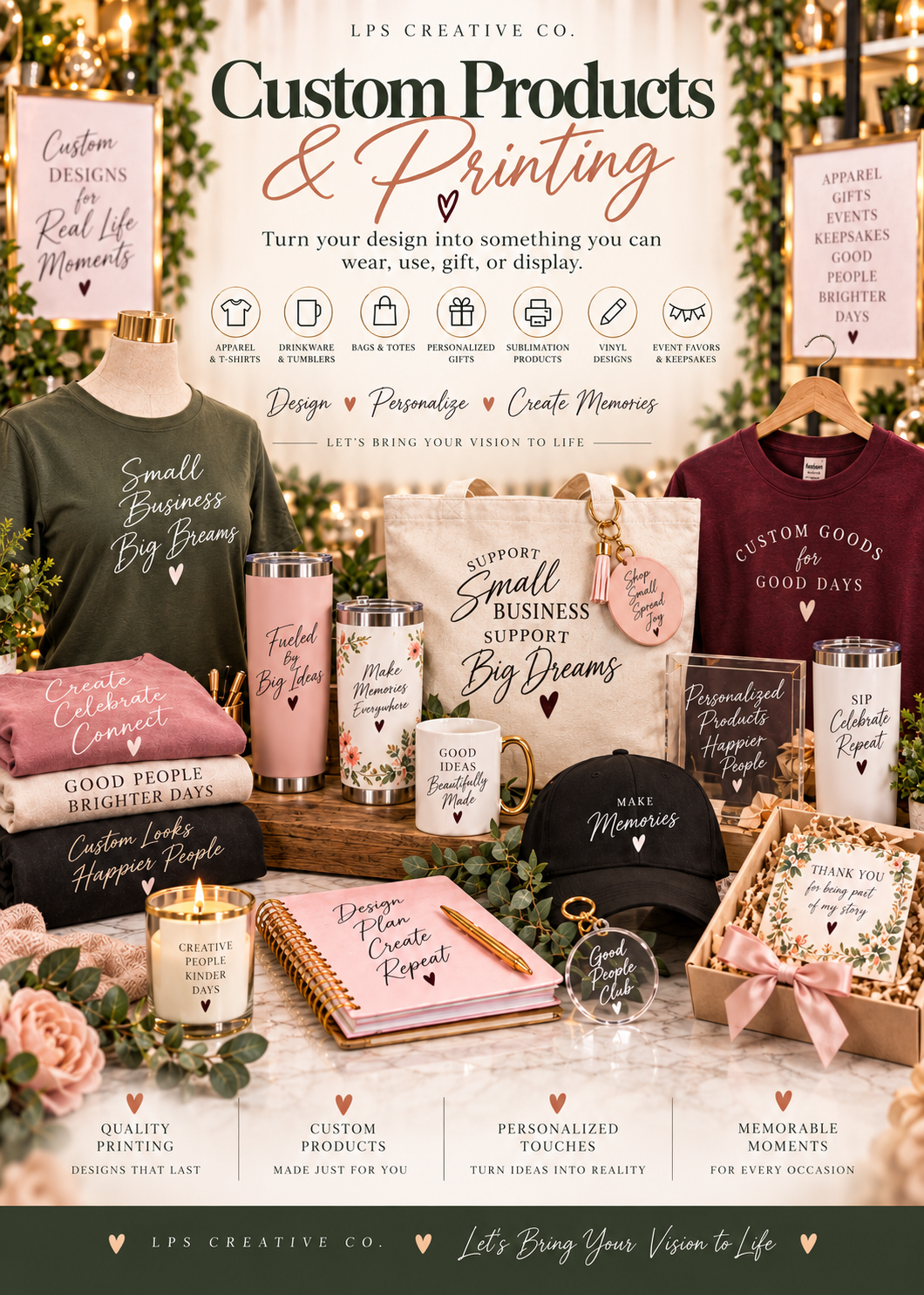 Display of custom products and printing items at a booth, including T-shirts, tote bags, mugs, tumblers, notebooks, caps, and framed signs with motivational quotes and branding for a small business, with greenery and string lights in the background.