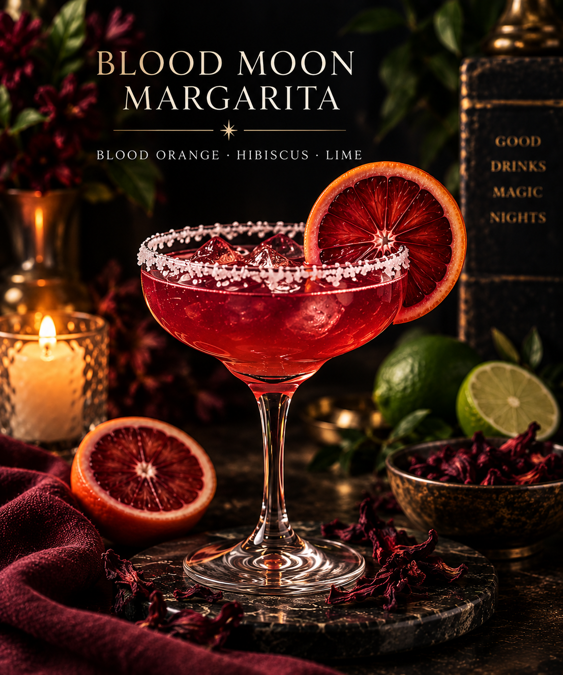 A Blood Moon Margarita cocktail garnished with a blood orange slice, surrounded by blood oranges, limes, and hibiscus flowers, with candles and a black box in the background.