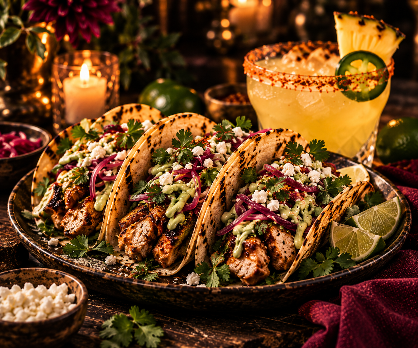 Three grilled chicken tacos topped with cilantro, crumbled cheese, and pickled red onions, served with lime wedges and a pineapple margarita with a salted rim and cucumber slice, on a rustic table with a candle and flowers in the background.