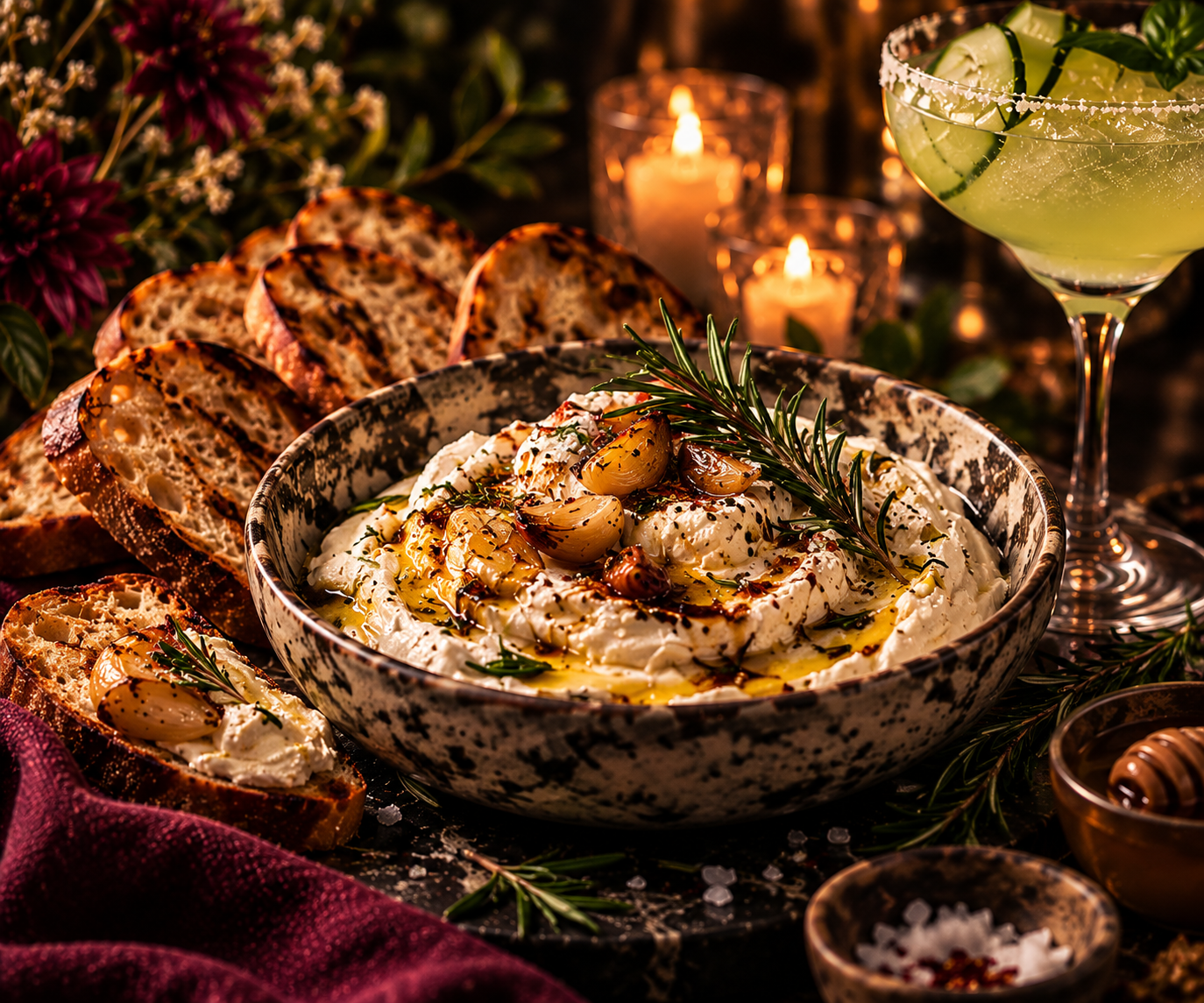 A bowl of creamy dip garnished with roasted garlic and rosemary, surrounded by slices of bread, with a green cocktail in a martini glass, candles, and decorative flowers in the background.