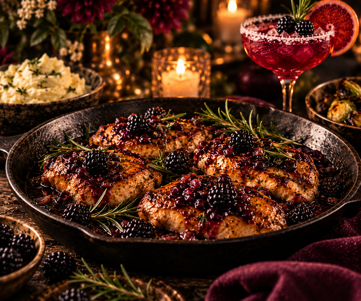 Four cooked chicken breasts garnished with blackberries and rosemary in a black skillet, surrounded by side dishes, a glass of red berry cocktail, a lit candle, and festive decorations on a dark table.