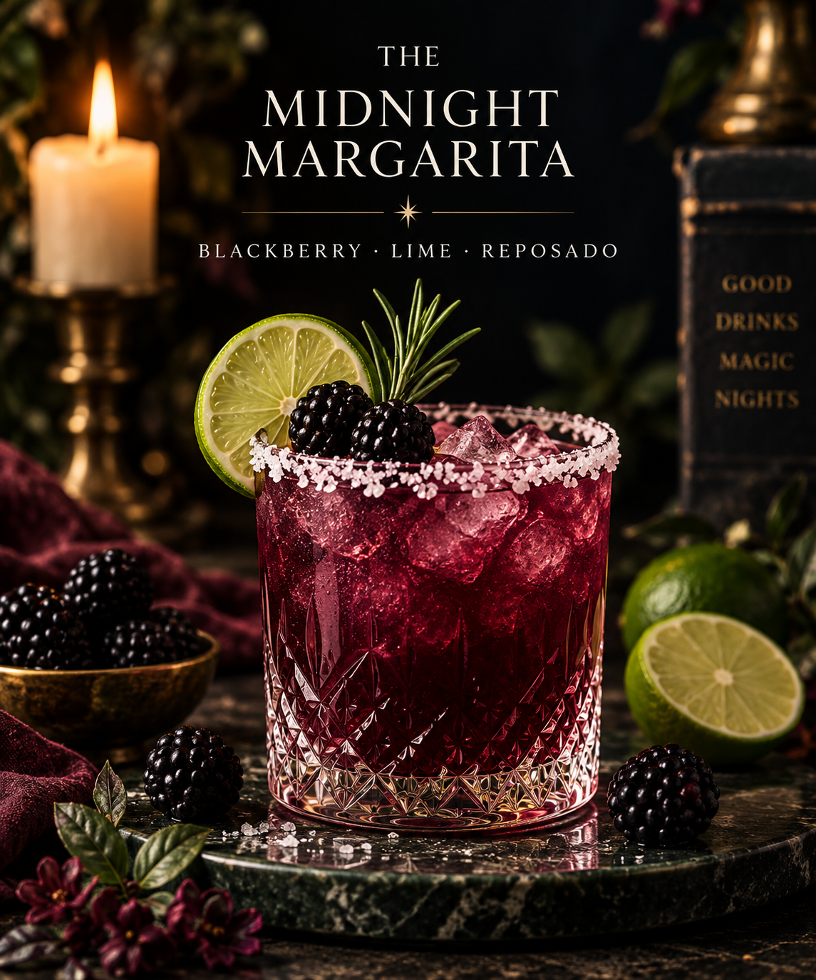 A pink cocktail garnished with blackberries, a slice of lime, and a sprig of rosemary, served in a crystal glass with a salted rim, on a dark marble surface surrounded by blackberries and lime halves.