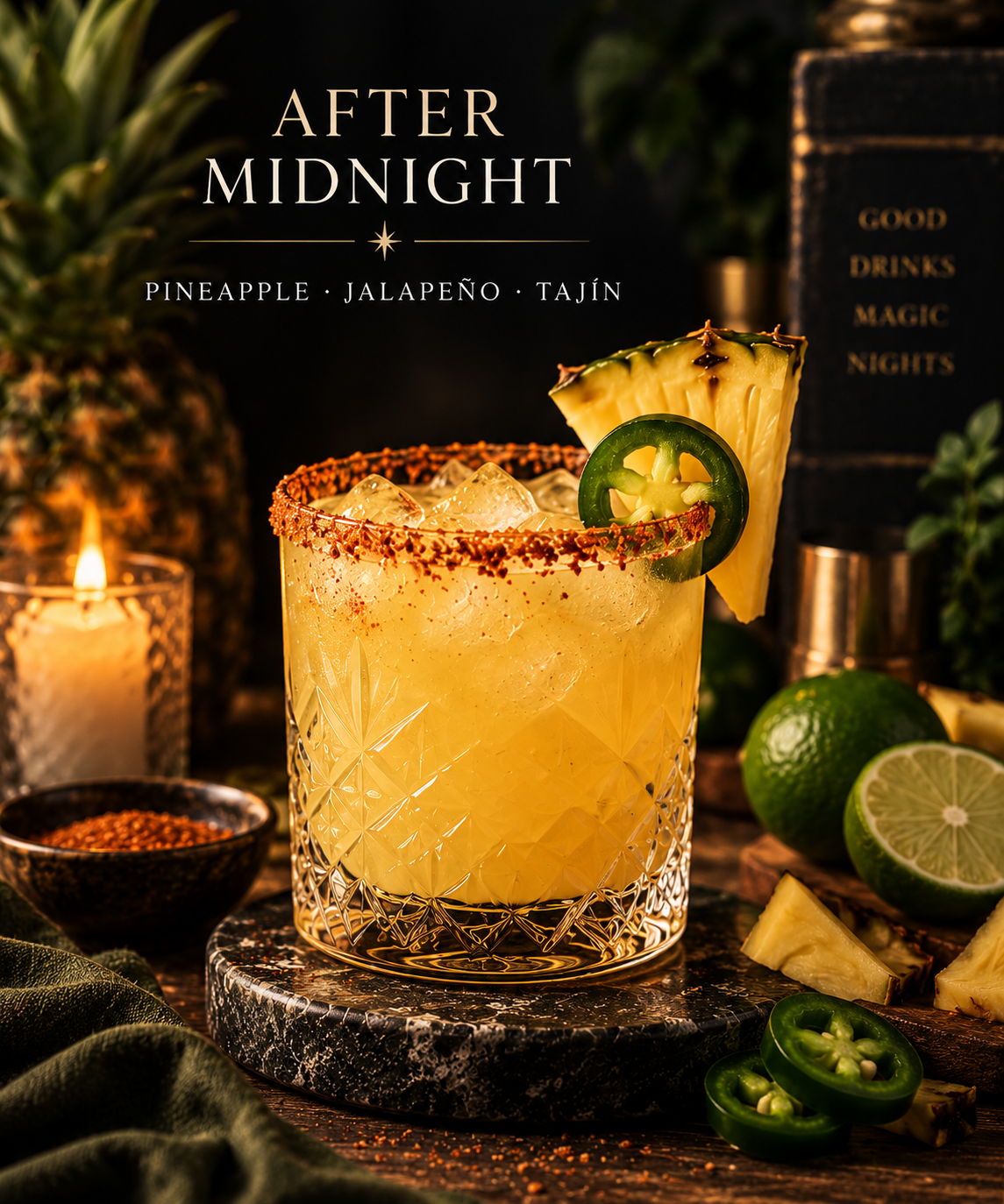 A cocktail in a textured glass garnished with a pineapple slice and jalapeño slice, with a pineapple, lime, and chili powder on the table surrounded by decorative items and greenery.