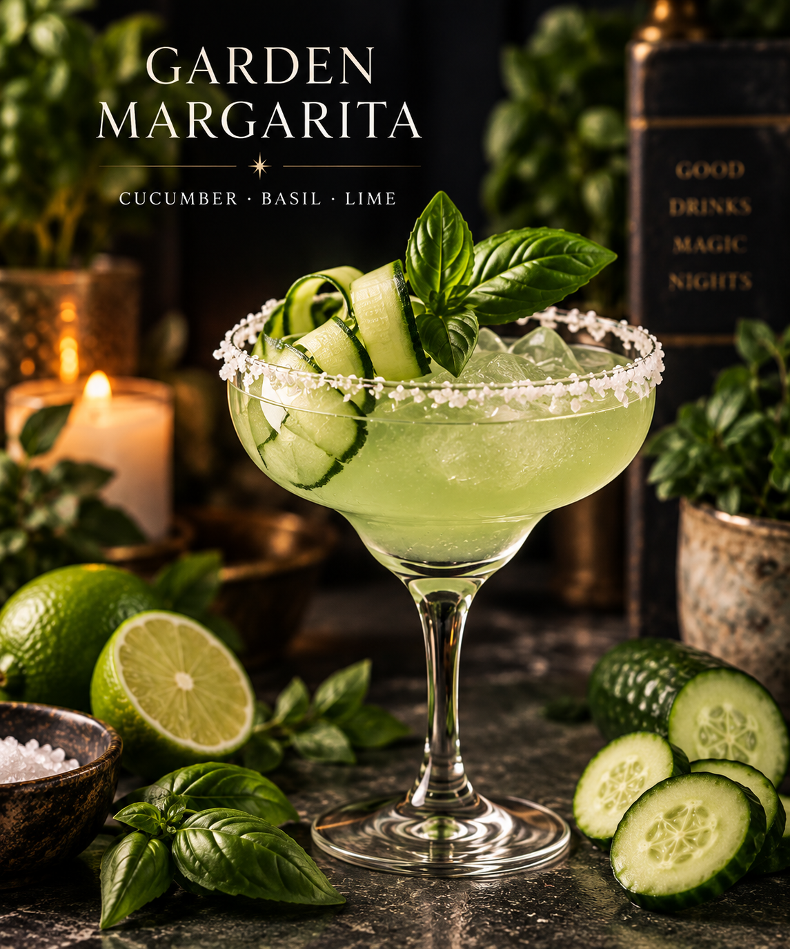A green garden margarita cocktail garnished with cucumber ribbons and fresh basil leaves in a salted rim glass, surrounded by lime halves, cucumber slices, and basil leaves, with a candle and greenery in the background.