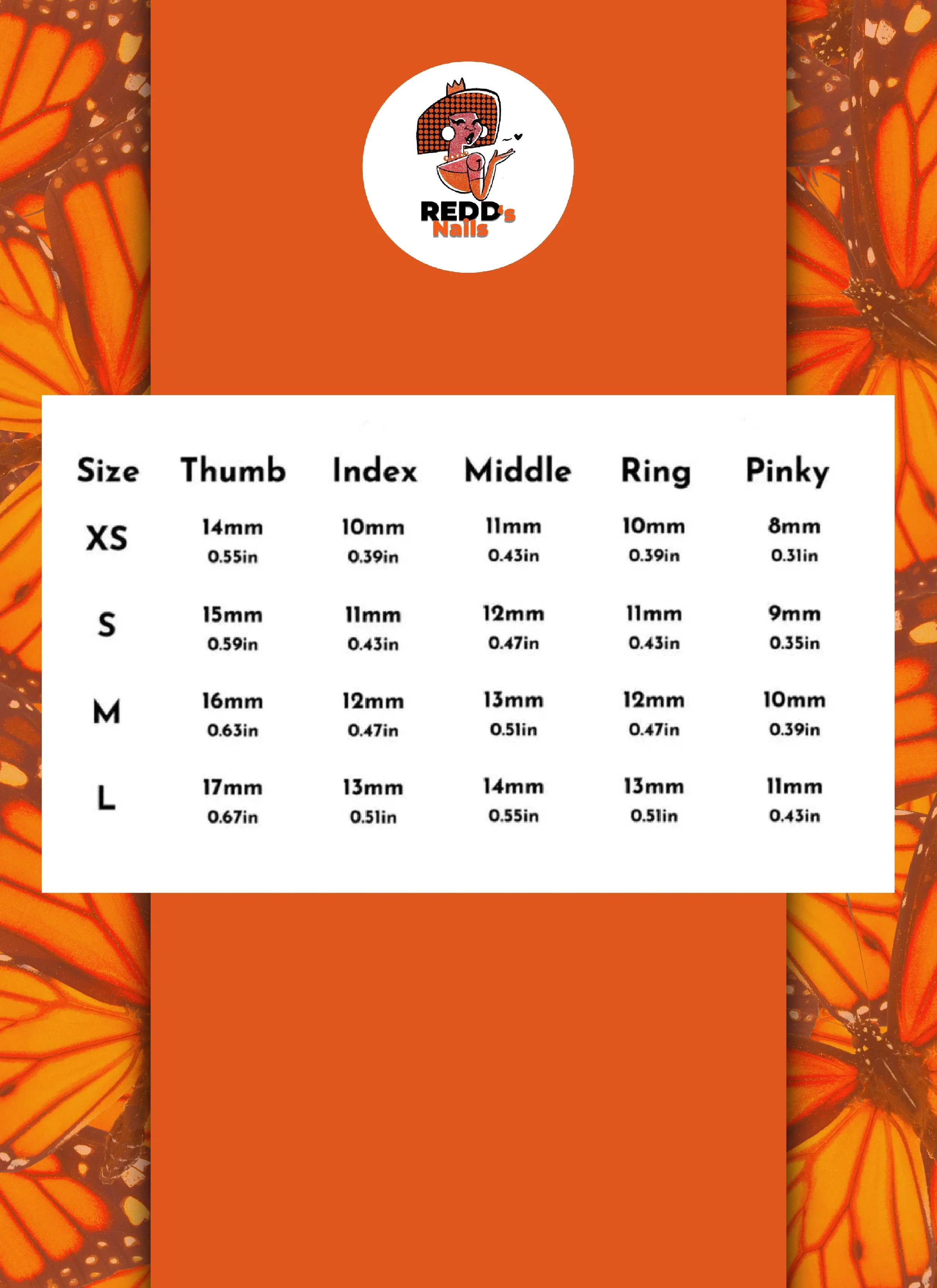 Size chart for nail enhancements showing XS, S, M, L sizes with measurements in millimeters and inches.