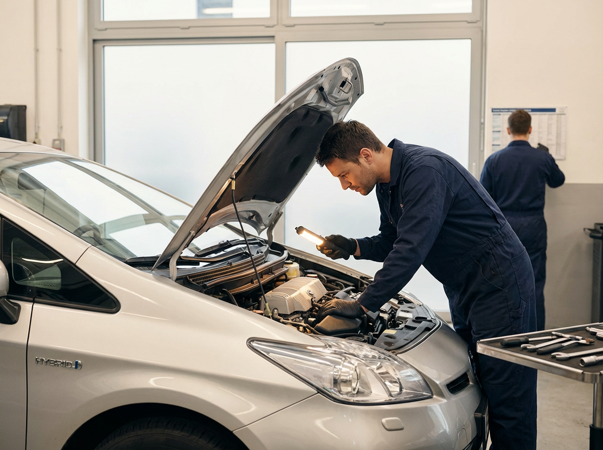 A mechanic inspecting a silver hybrid car with its hood open inside a garage, using a flashlight.