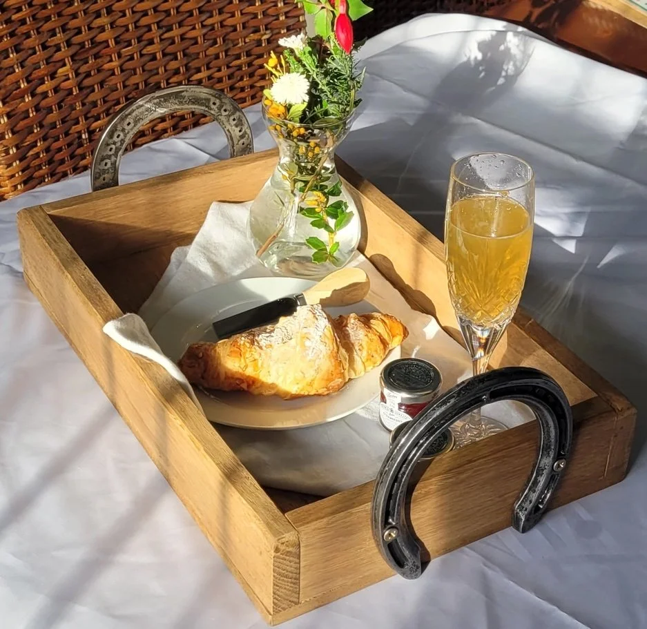HANDMADE WOODEN TRAY WITH POLISHED HORSESHOE HANDLES