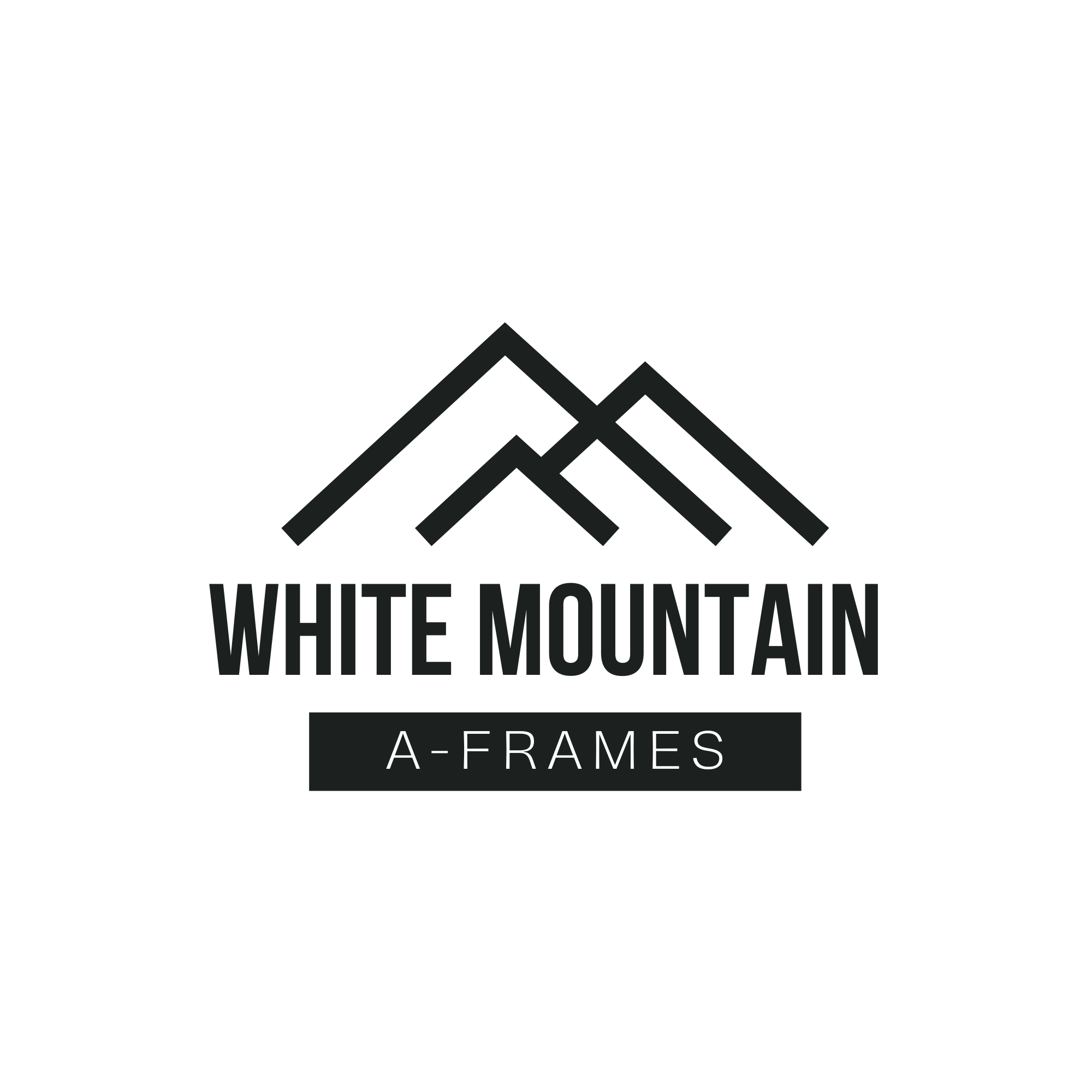 Logo with mountain peaks and the text "White Mountain A-Frames" underneath.