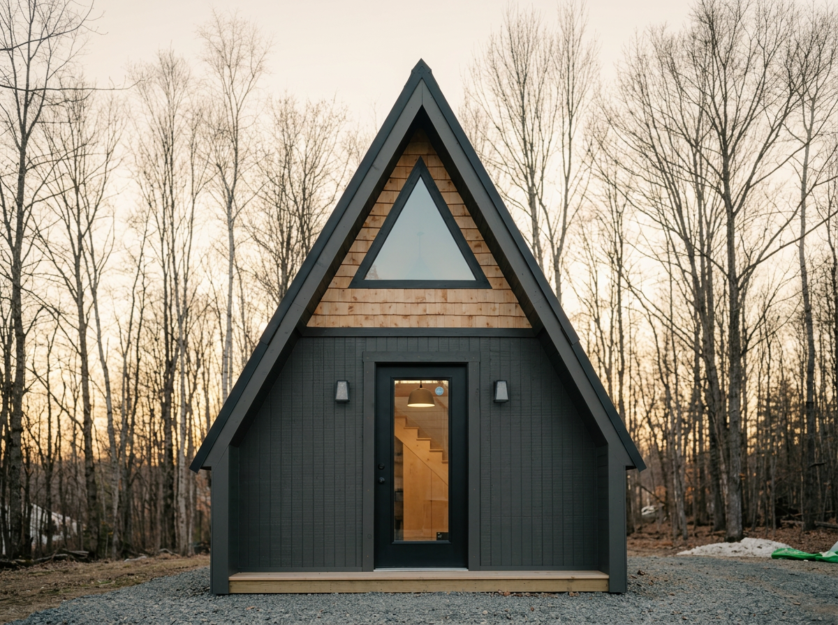 A modern tiny house with black exterior walls, a steep triangular roof, and a glass front door, situated in a wooded area during sunset.