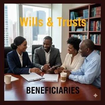 Four diverse professionals sitting at a table in an office, engaged in a discussion, with a city skyline visible through a window in the background. The text on the image reads 'Wills & Trusts Beneficiaries.'