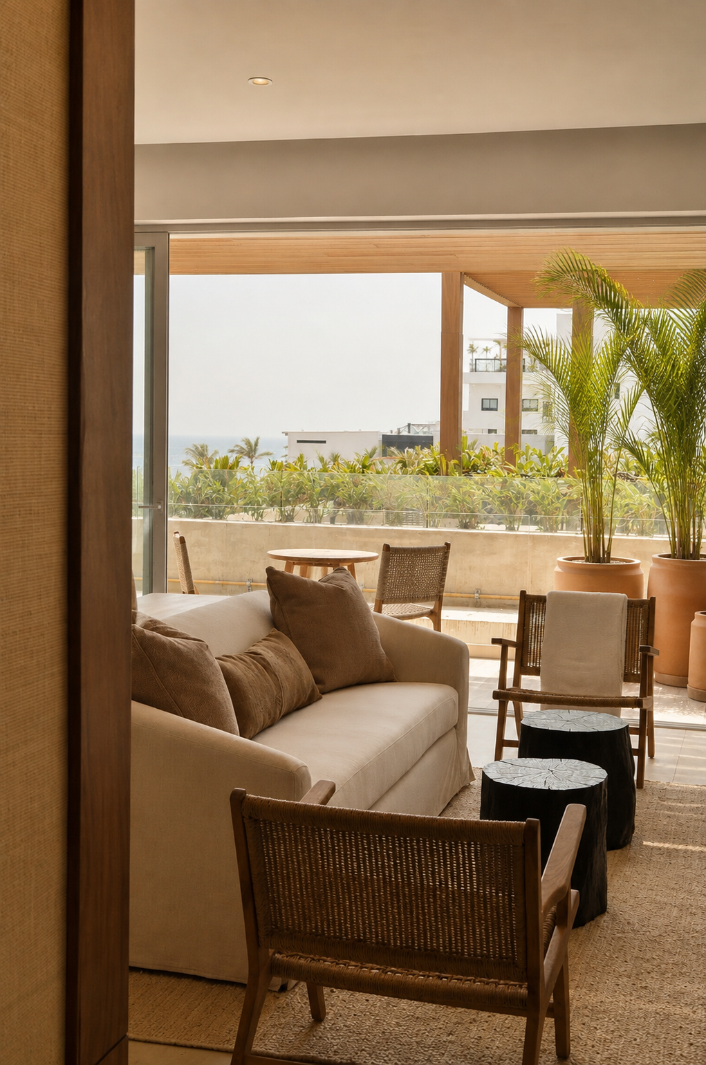 Salón minimalista con terraza y palmeras.png