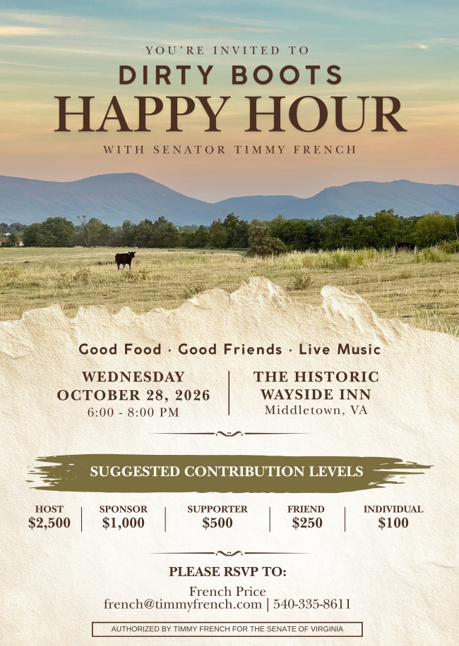 October 28, 2026 6pm-8pm: Join Us at Historic Wayside Inn to Join Senator Timmy French for “Dirty Boots Happy Hour”