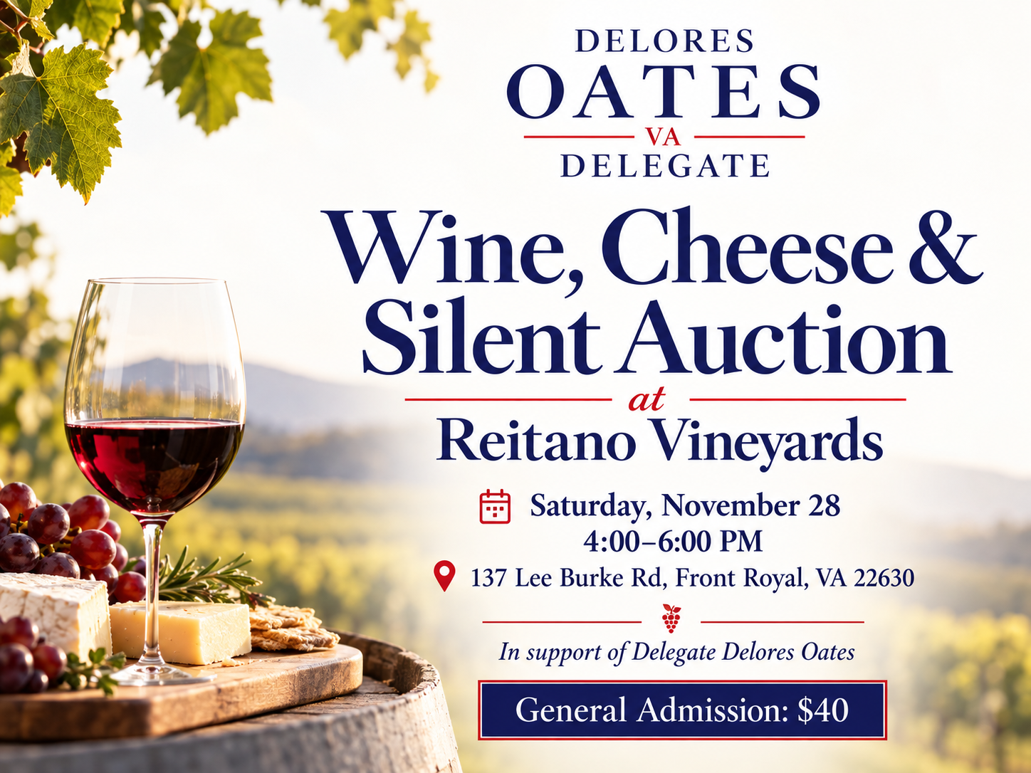 November 28, 2026 4pm-6pm: Join Us at Reitano Vineyards to Support Delegate Delores Oates