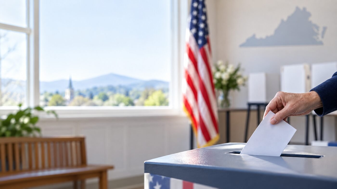 A voter placing a ballot into a ballot box in a Virginia polling place.