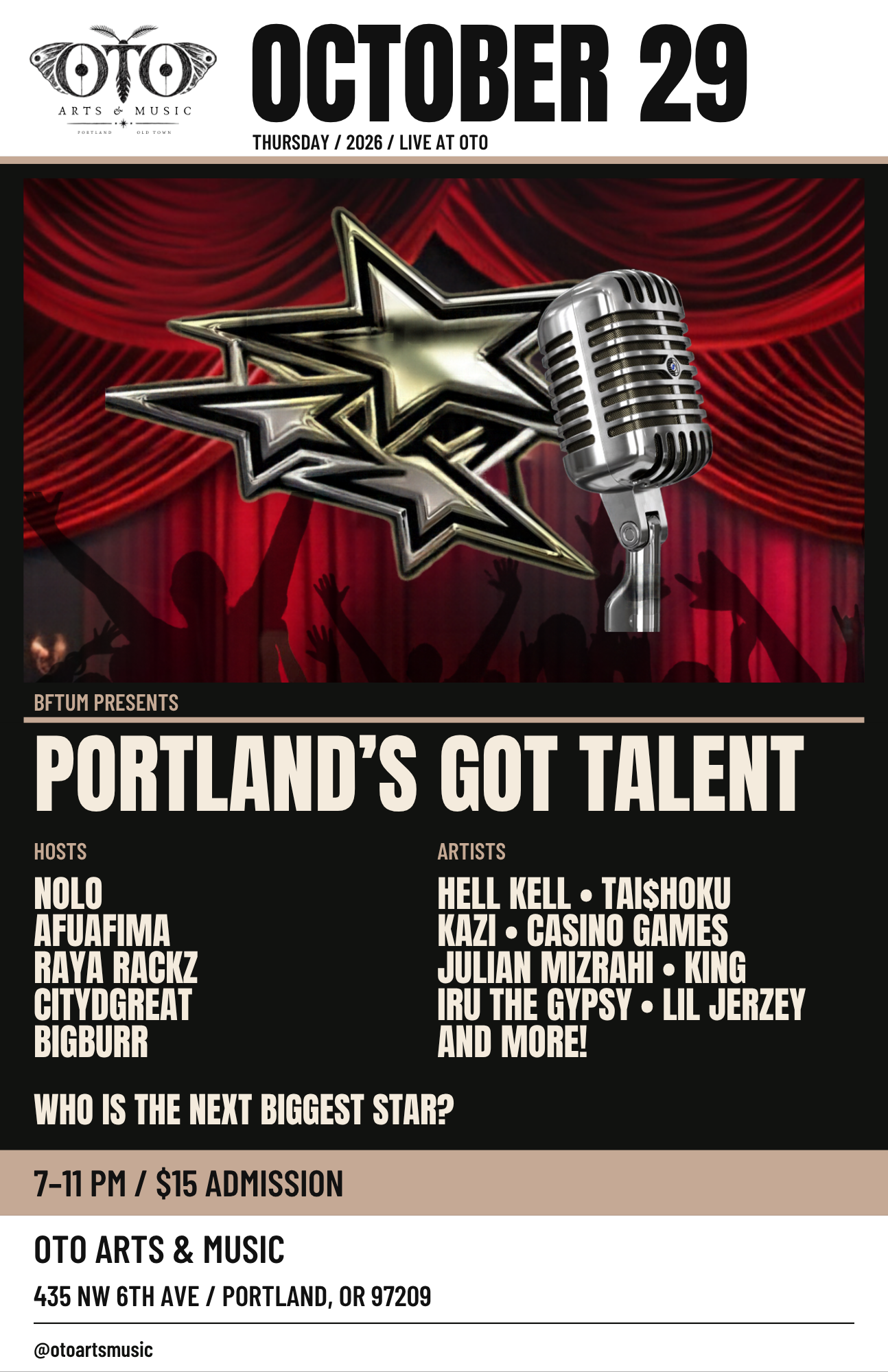 Portland’s Got Talent at OTO Arts & Music, October 29, 2026, 7–11 PM. $15 admission. Flyer featuring a microphone, stars, and red stage curtains.