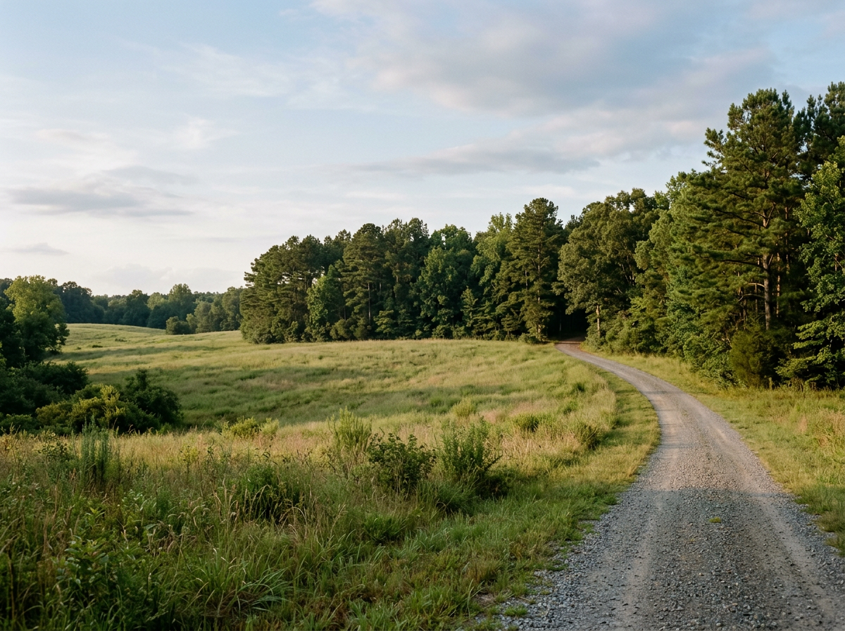 Open acreage bordered by mature trees and a gravel access road