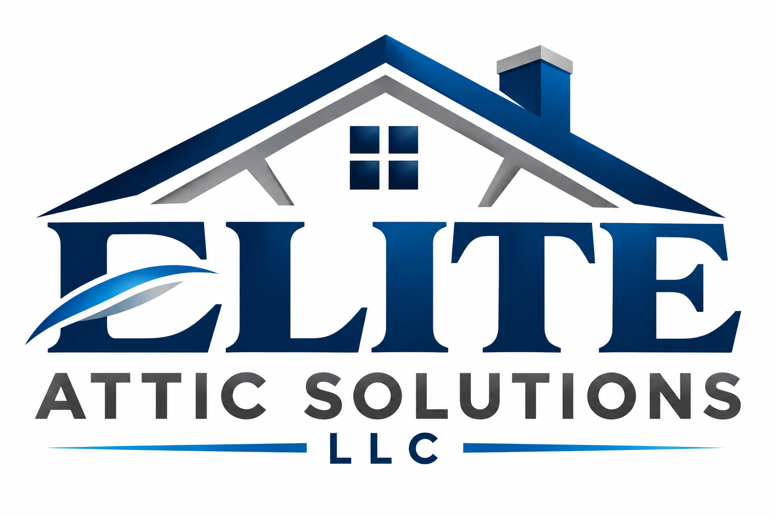 Logo of Elite Attic Solutions LLC featuring a stylized house with a blue roof, gray chimney, and a window. The company name is prominently displayed in dark blue and gray text.