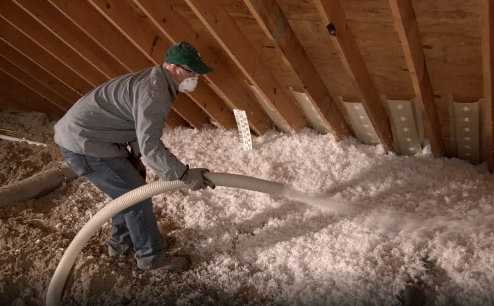 Person wearing a mask, green cap, and gloves using a vacuum hose to remove insulation from an attic.