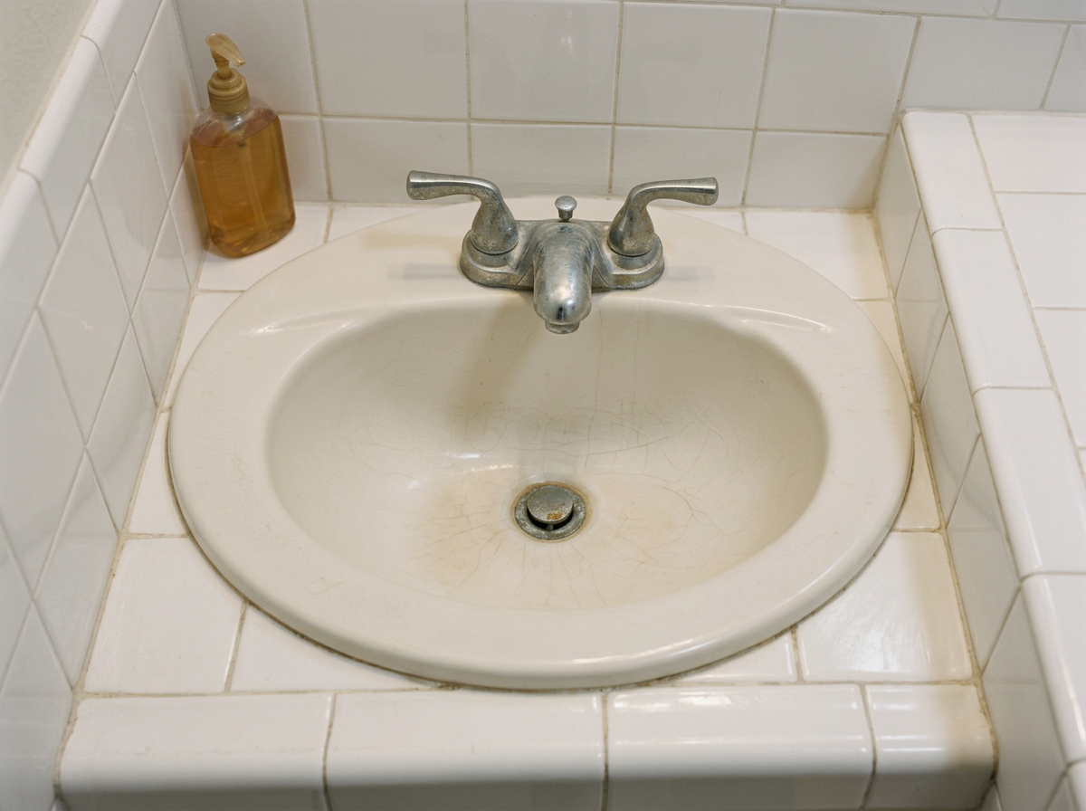 A bathroom sink with a metal faucet and a soap dispenser on the left side, surrounded by white tiled walls.