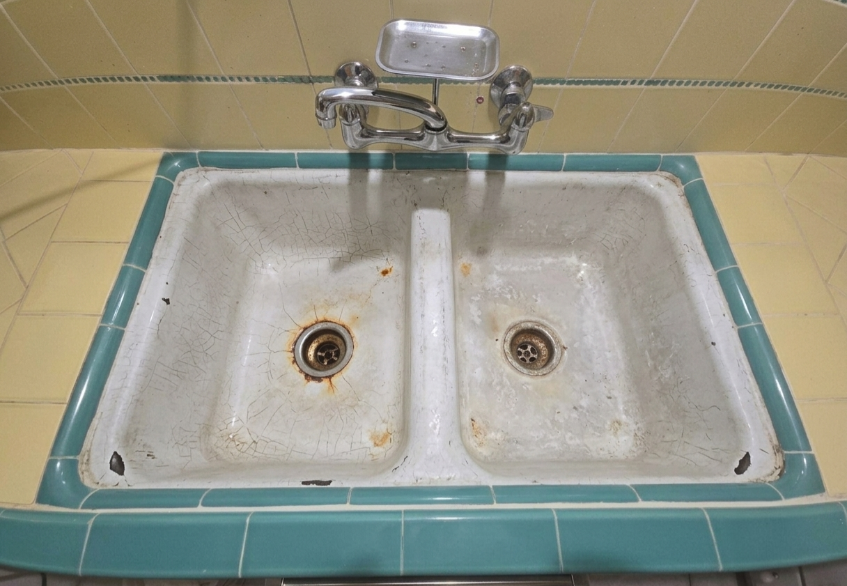 A double-compartment vintage kitchen sink with rust and cracks, surrounded by yellow tiles with a green border. The faucet is mounted above the sink with a small soap dish attached.