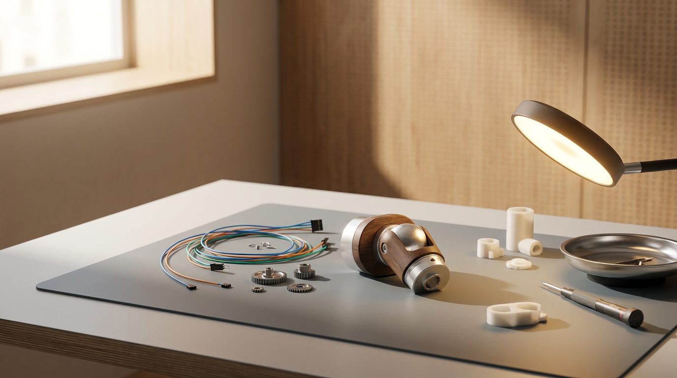 A workspace with electronic components, screws, gears, a desktop lamp, and a wooden and metal device on a black mat, lit by a desk lamp near a window.