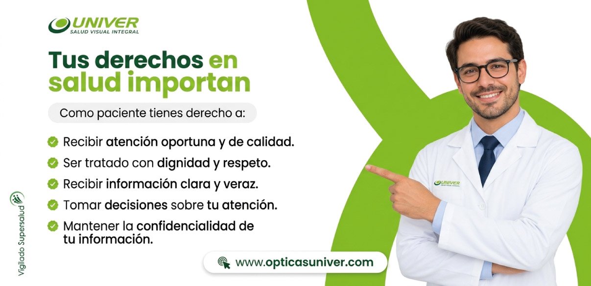 Un hombre con gafas, camisa azul y bata blanca, sonriendo y señalando hacia la izquierda. A la izquierda, un texto en español sobre los derechos en salud y un sitio web. Fondo verde y blanco.
