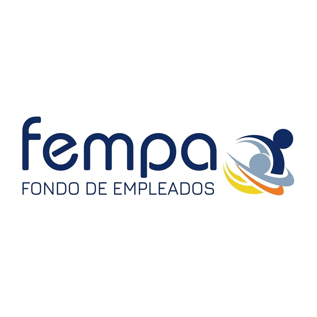 Logo de FEMPA con texto 'FEMPA Fondo de Empleados' y un diseño gráfico abstracto de figuras humanas y círculos en colores azul, gris, amarillo y naranja.