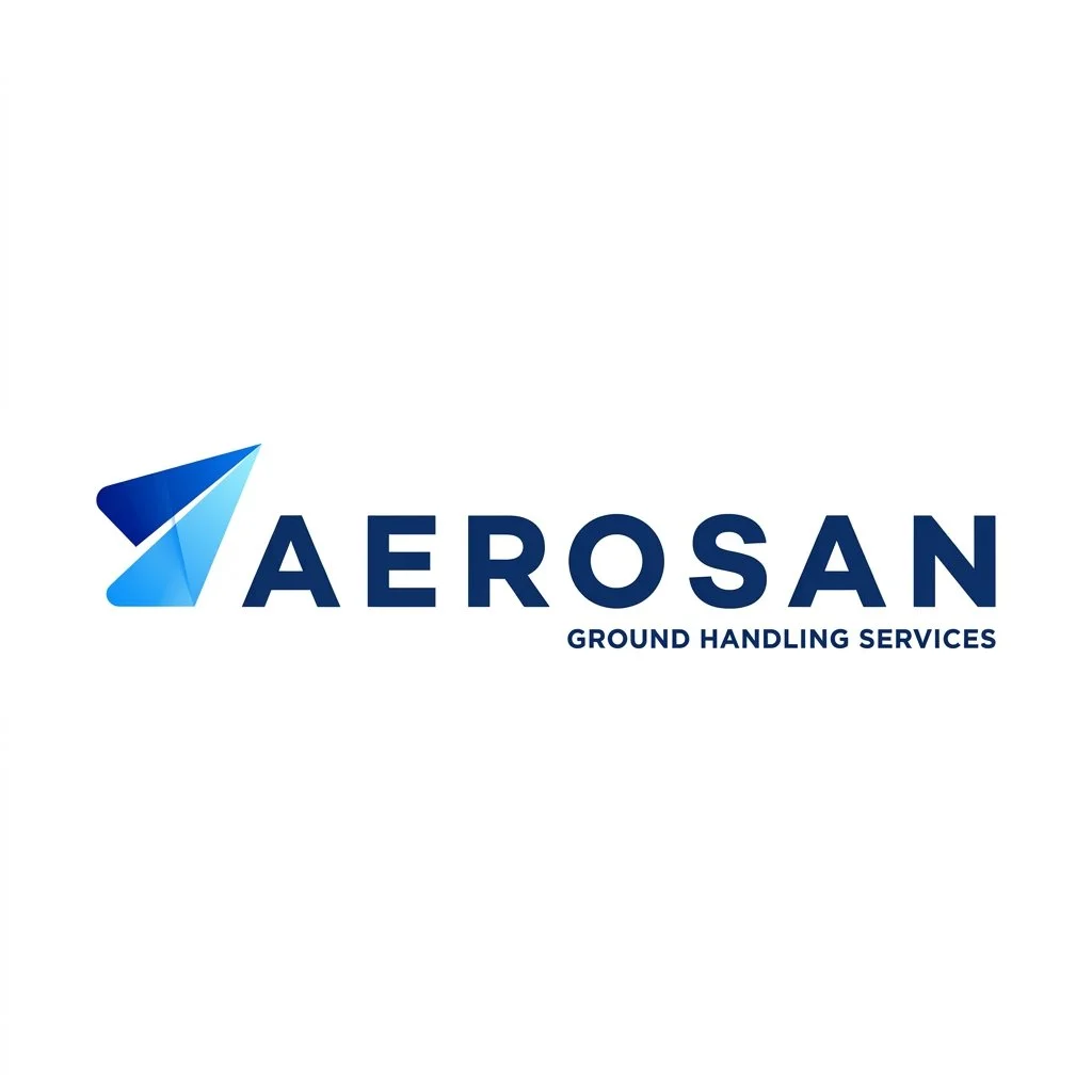 Logotipo de Aerosan, empresa de servicios de manejo de tierra, con un icono de papel de avión en tonos azules y el texto en azul oscuro.