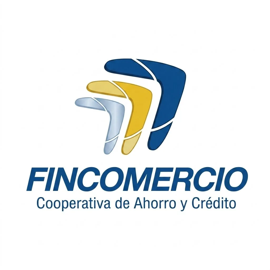 Logotipo de FINCOMERCIO, una cooperativa de ahorro y crédito, con diseño abstracto de formas en azul, amarillo y gris, y texto que dice "FINCOMERCIO" y "Cooperativa de Ahorro y Crédito".