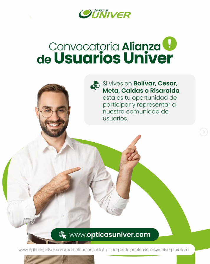 Convocatoria de la Alianza de Usuarios de Opticas Univer, con una mujer sonriendo y señalando hacia arriba, fondo blanco con verdes y texto en español