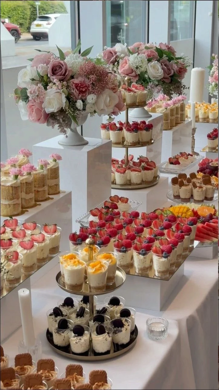 A dessert table with assorted cheesecakes cakes and parfaits, and fresh berries.