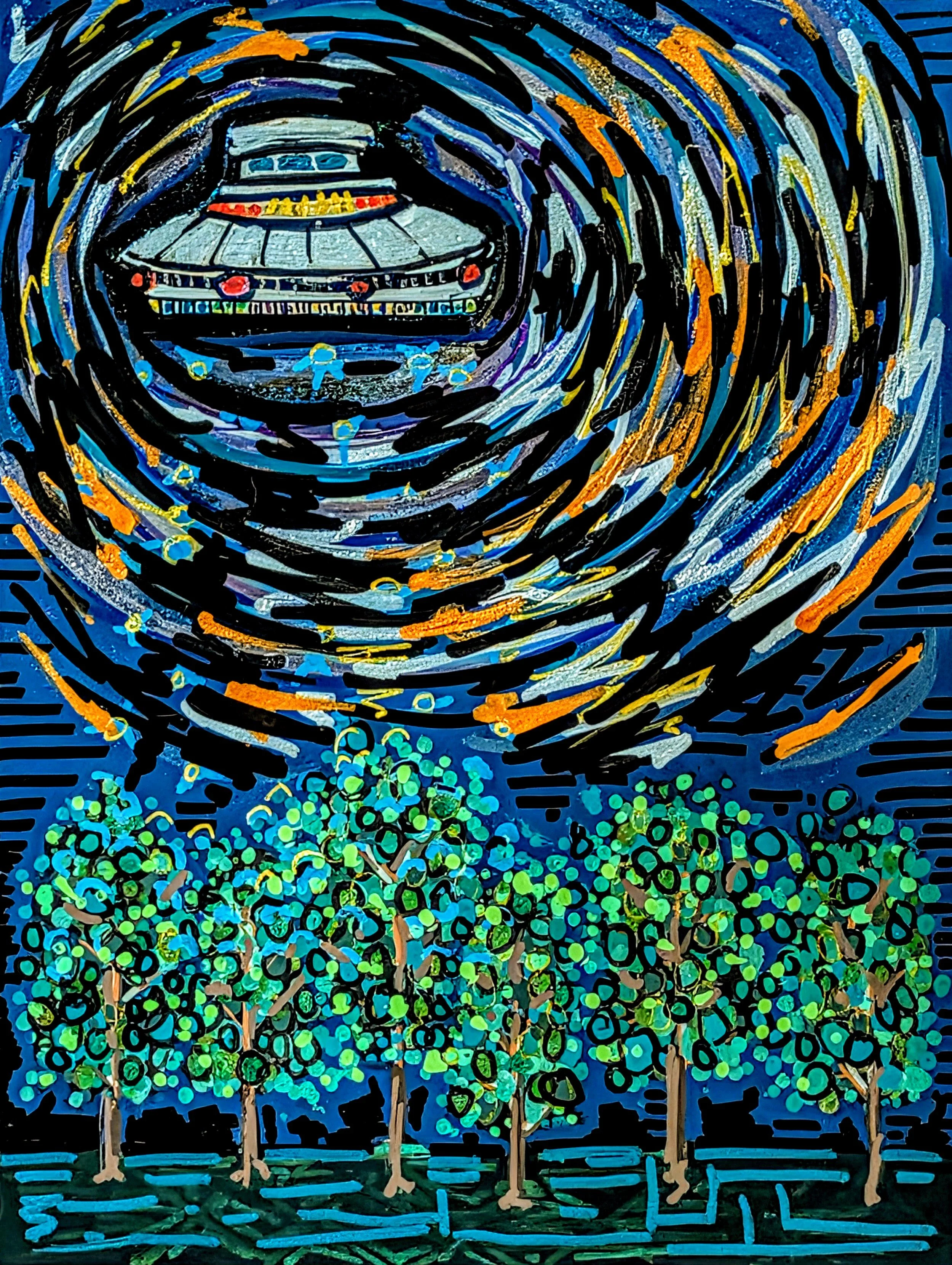 A vibrant, colorful painting depicting a park scene under a swirling night sky, with a large rounded building, trees with green and blue leaves, and a dark background with swirling patterns.