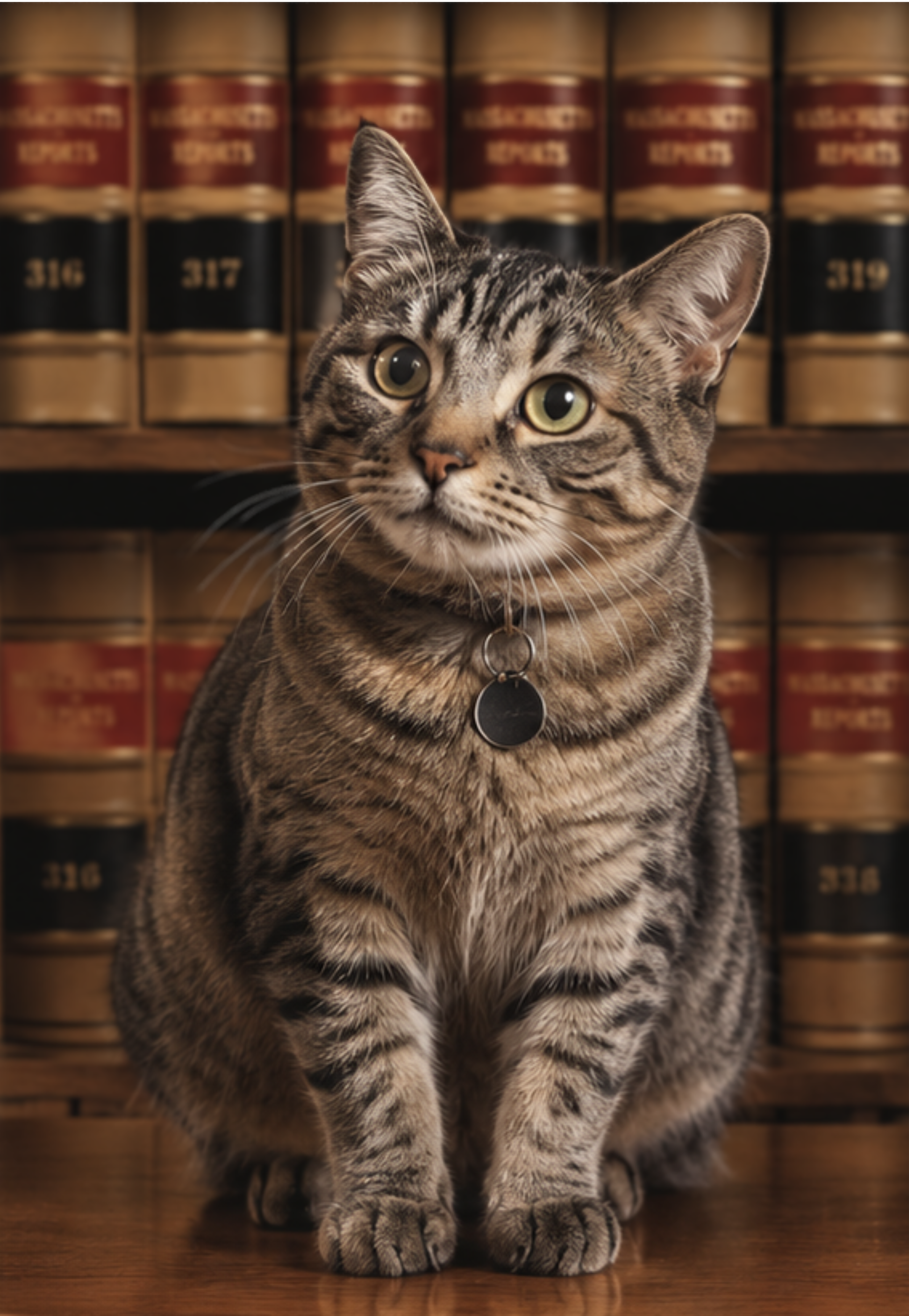 A tabby cat with green eyes sitting on a wooden surface in front of law books.