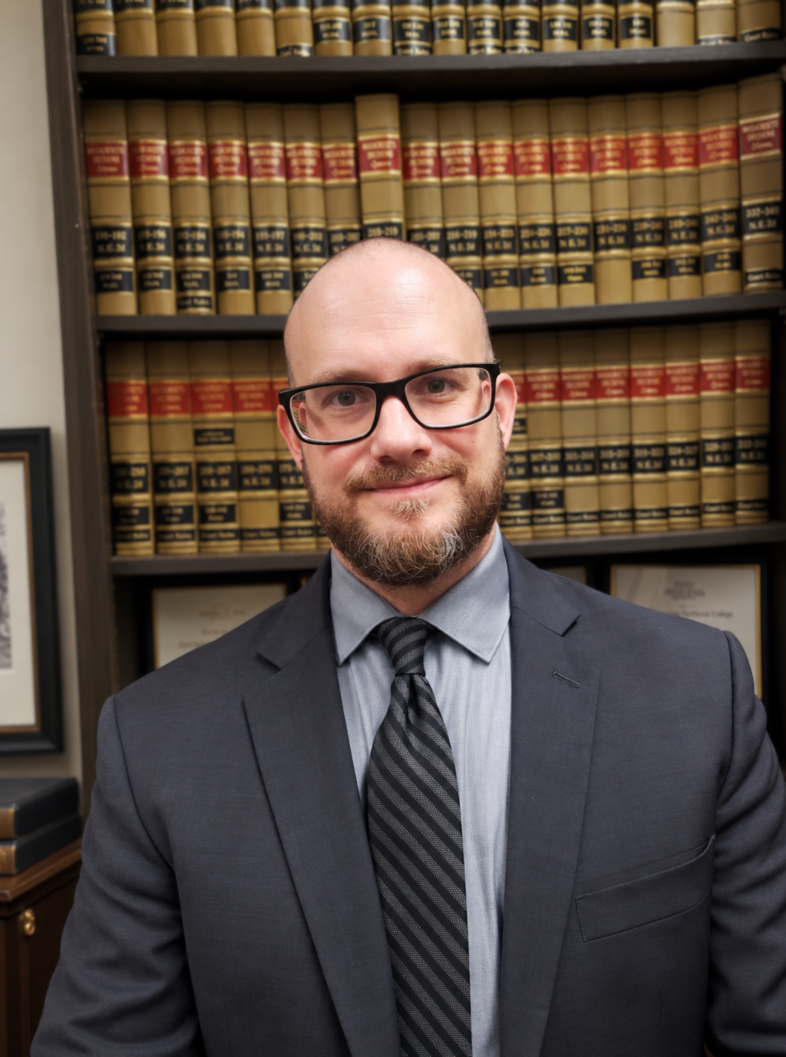Man with glasses and a beard wearing a dark suit, light shirt, and striped tie smiling in front of a bookshelf filled with law books.