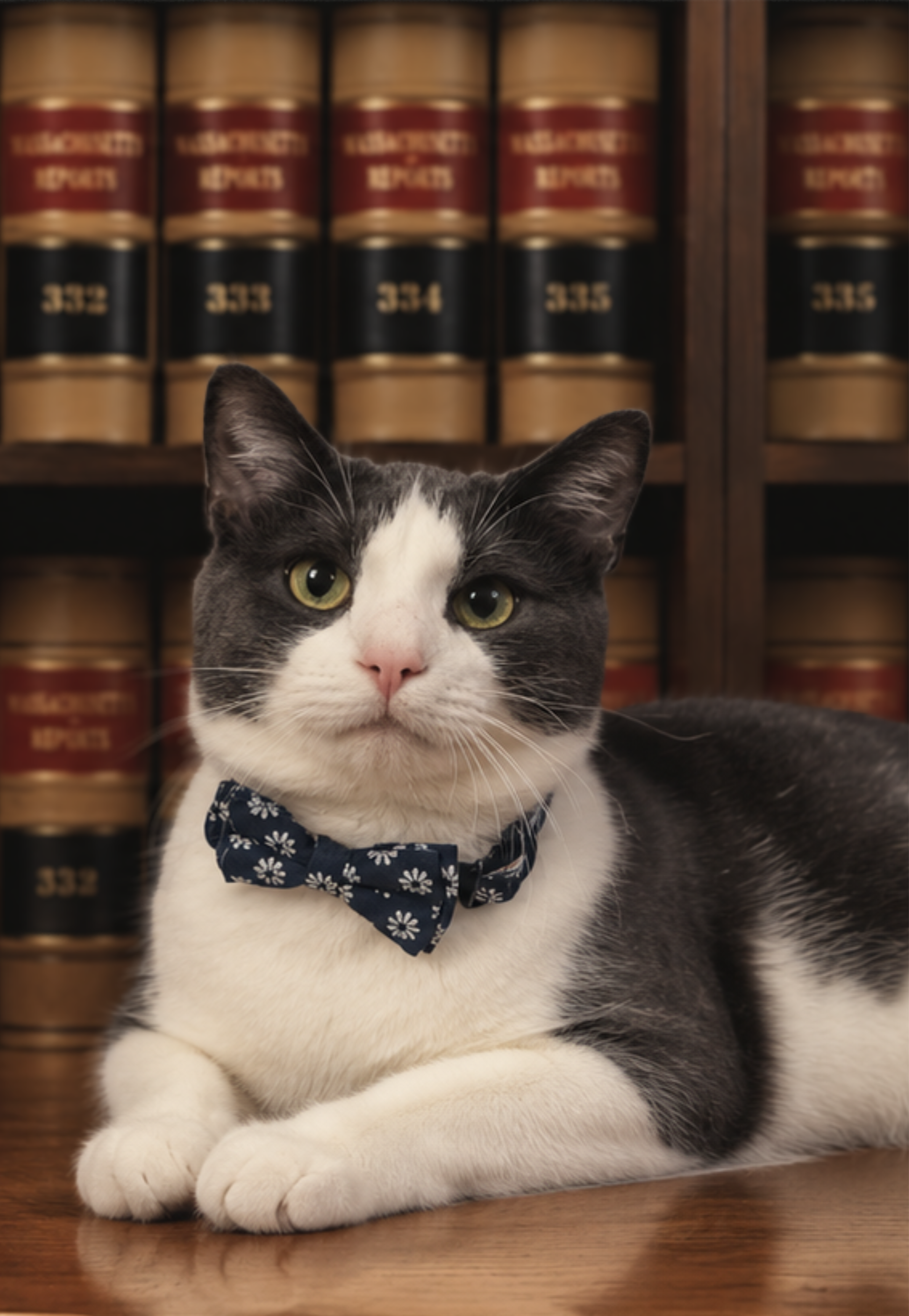 A black and white cat with yellow eyes wearing a blue bow tie with white flowers, sitting on a wooden surface in front of a bookshelf with legal books.
