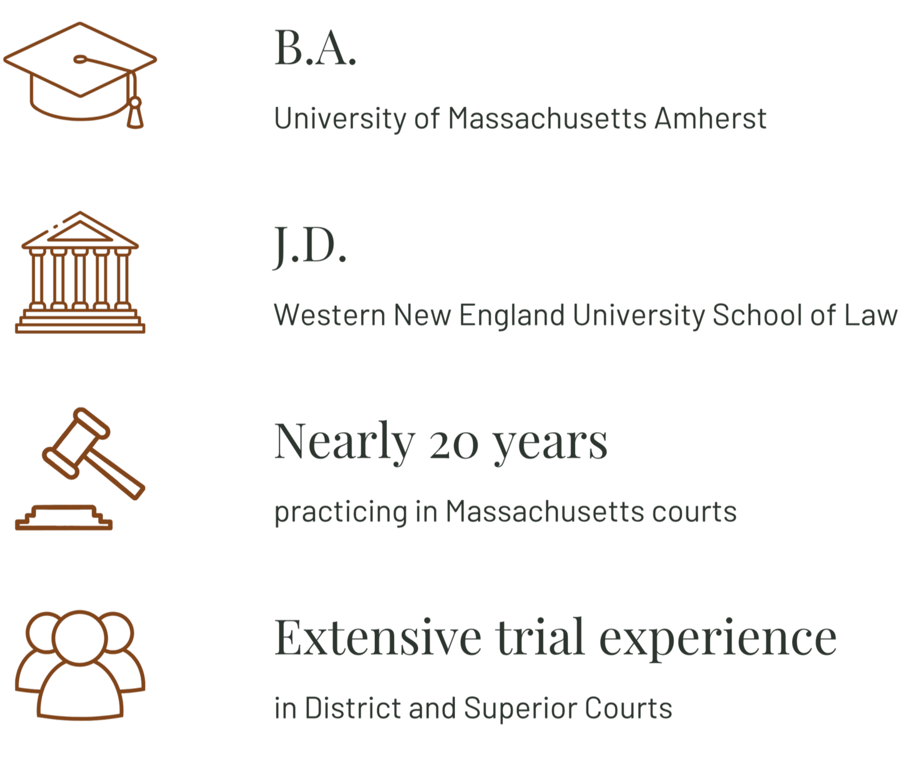 Images of academic icons next to text about law education at Western New England University, highlighting extensive trial experience and practice in Massachusetts courts.