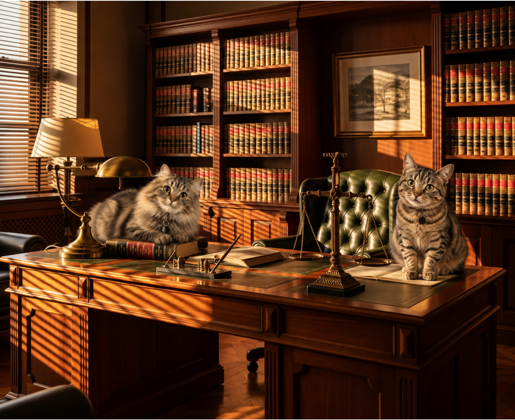 A cozy library room with wooden bookshelves filled with legal books, sunlight streaming through window blinds, and two tabby cats sitting on a large desk with open books, a desk lamp, and a chess set.