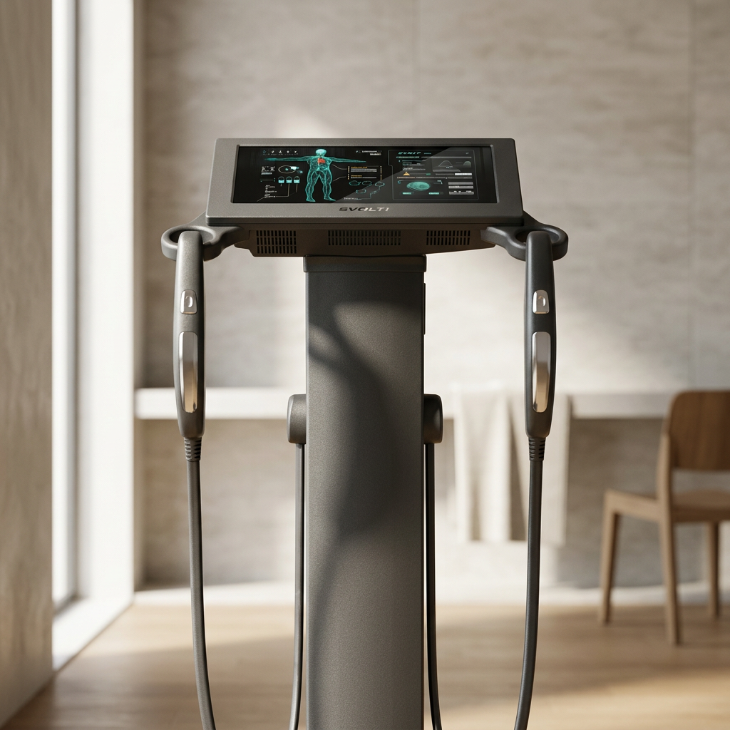 Medical ultrasound machine with a tablet screen showing a digital human body and health data, set in a clinical environment.