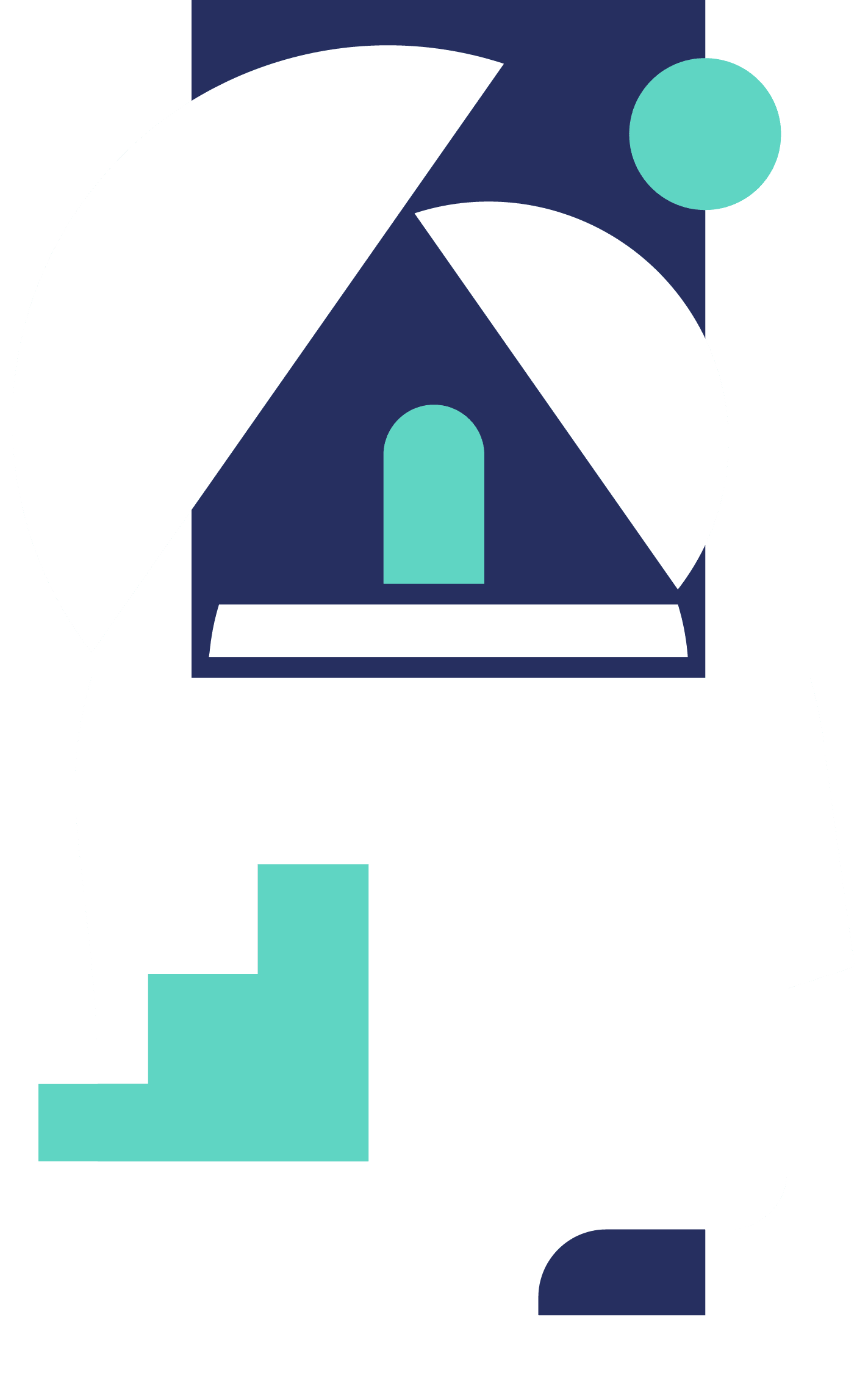Abstract geometric illustration with various shapes and colors, including white, navy blue, and light blue, arranged in a dynamic composition.