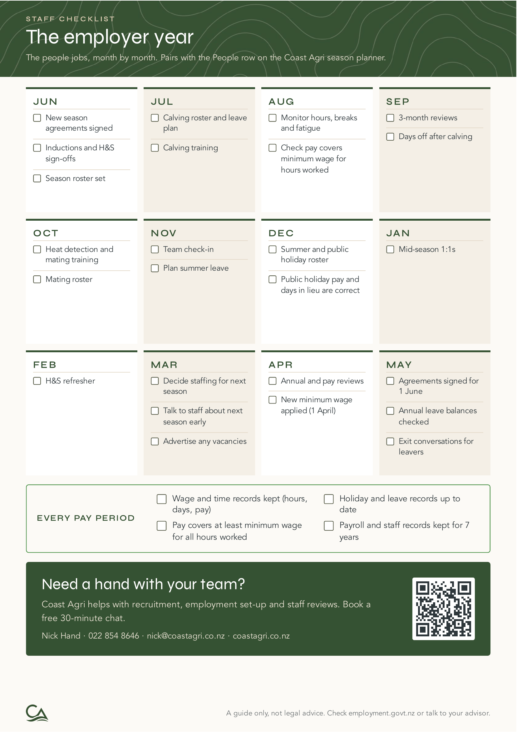 Preview of the Coast Agri Employer Year checklist for farm team planning and staff review reminders.