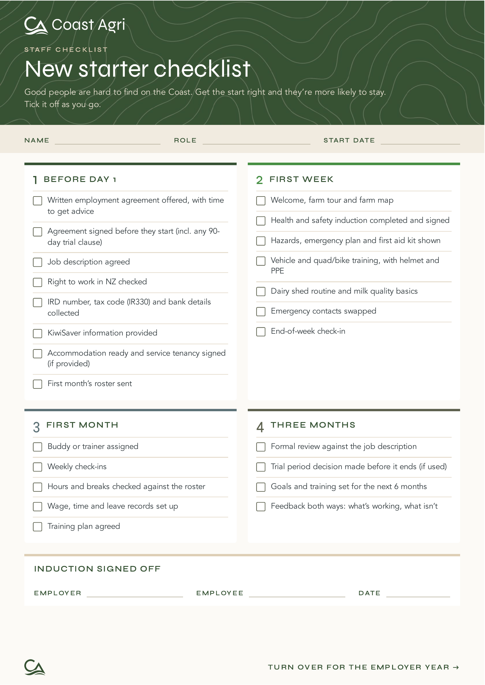 Coast Agri New Starter Checklist resource for farm employers, covering onboarding steps before day one, the first week, first month and three-month review.