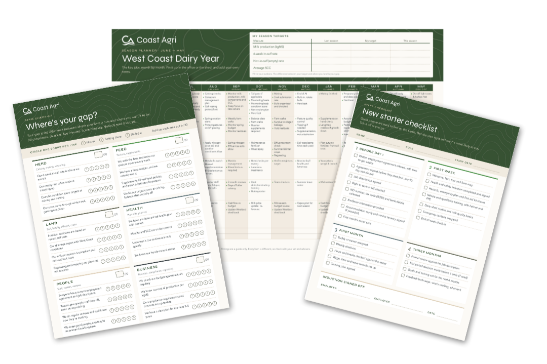 Use this: Preview of free Coast Agri farm resources, including the Farm Check-Up, West Coast Dairy Year Planner and New Starter Checklist.