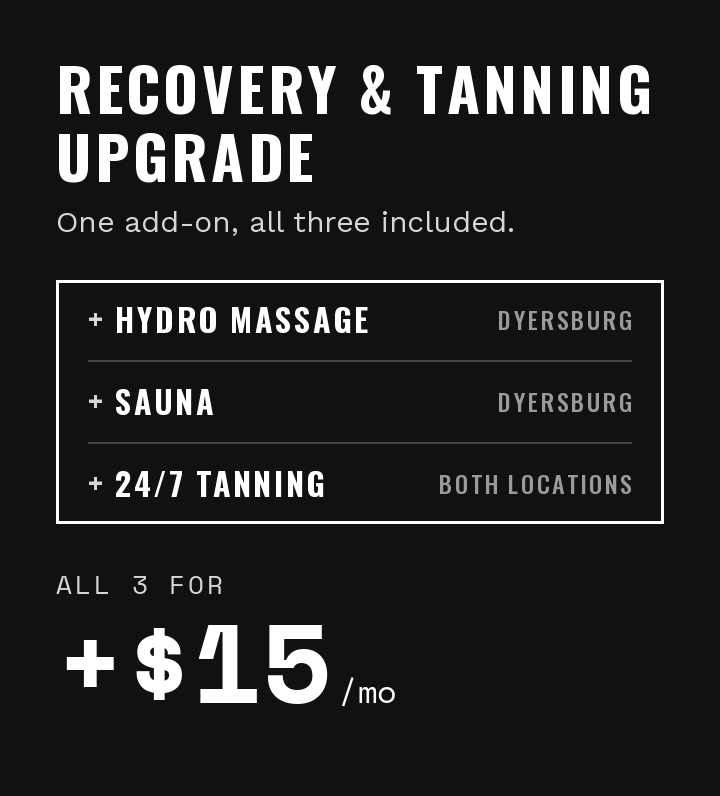 Recovery and tanning upgrade advertisement offering hydro massage, sauna in Dyersburg, and 24/7 tanning at both locations for $15 per month.
