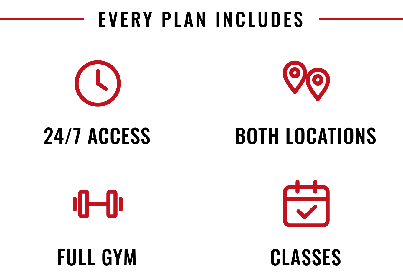 Red icons on a black background showing a clock, location pins, dumbbell, and calendar with a check mark