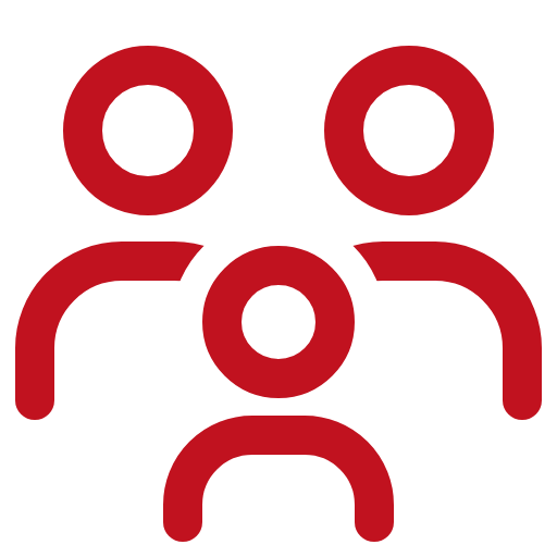 Red icon of three people, with one person centered in front of two larger figures